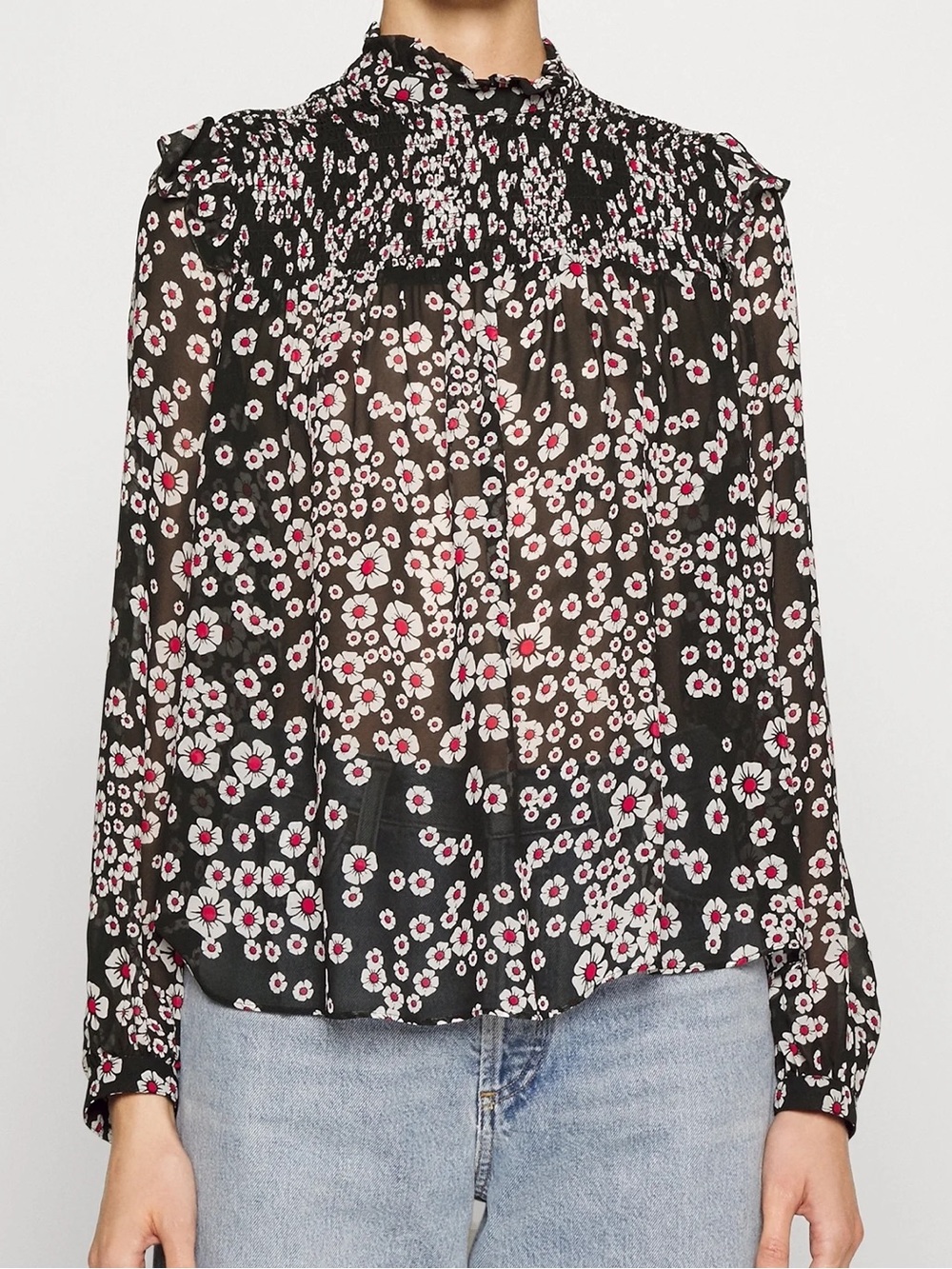 The Kooples Black Floral Smocked-Neck Long-Sleeve Blouse